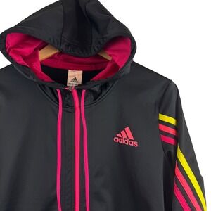 Adidas Hoodie Track Jacket Womens Medium Black Pink Yellow Full Zip Striped